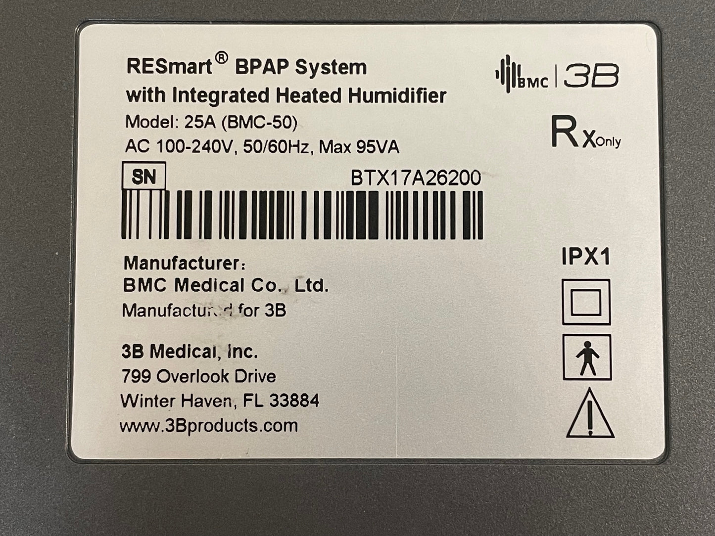 NEW Demo 3B Medical RESmart BPAP 25A System with Integrated Heated Humidifier BMC-50