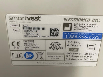 REFURBISHED Electromed SQL Adult Medium SmarVest HFCWO Therapy Airway Clearance System with 110 Hours - MBR Medicals