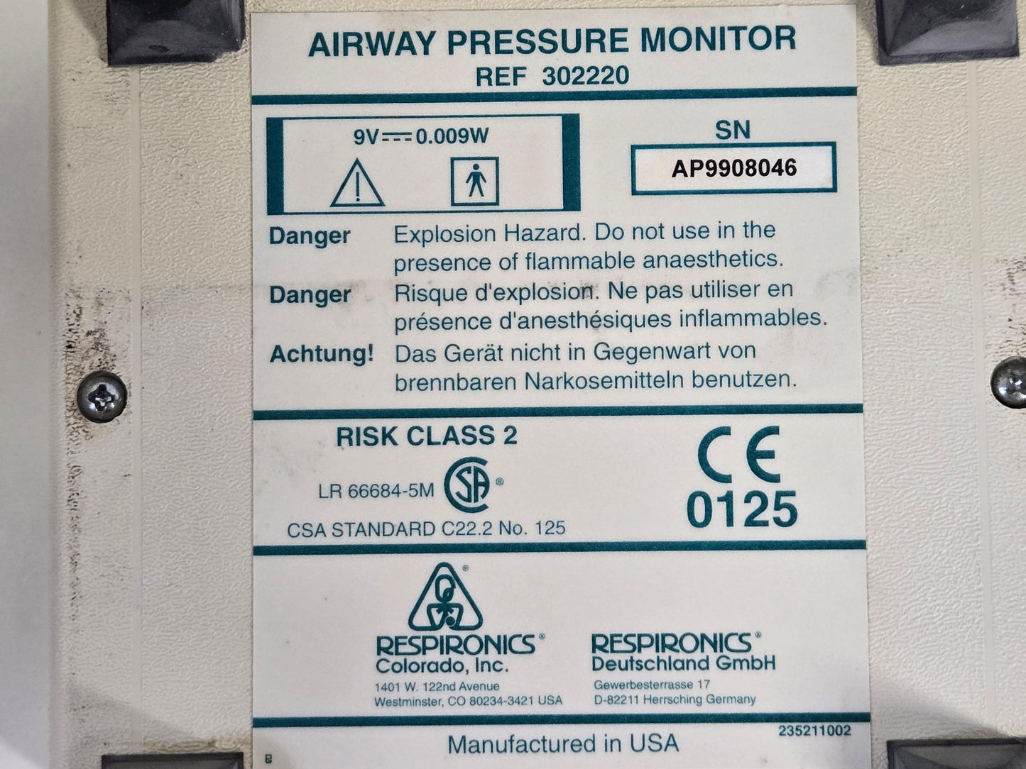 USED Respironics Airway Pressure Monitor 302220 - MBR Medicals