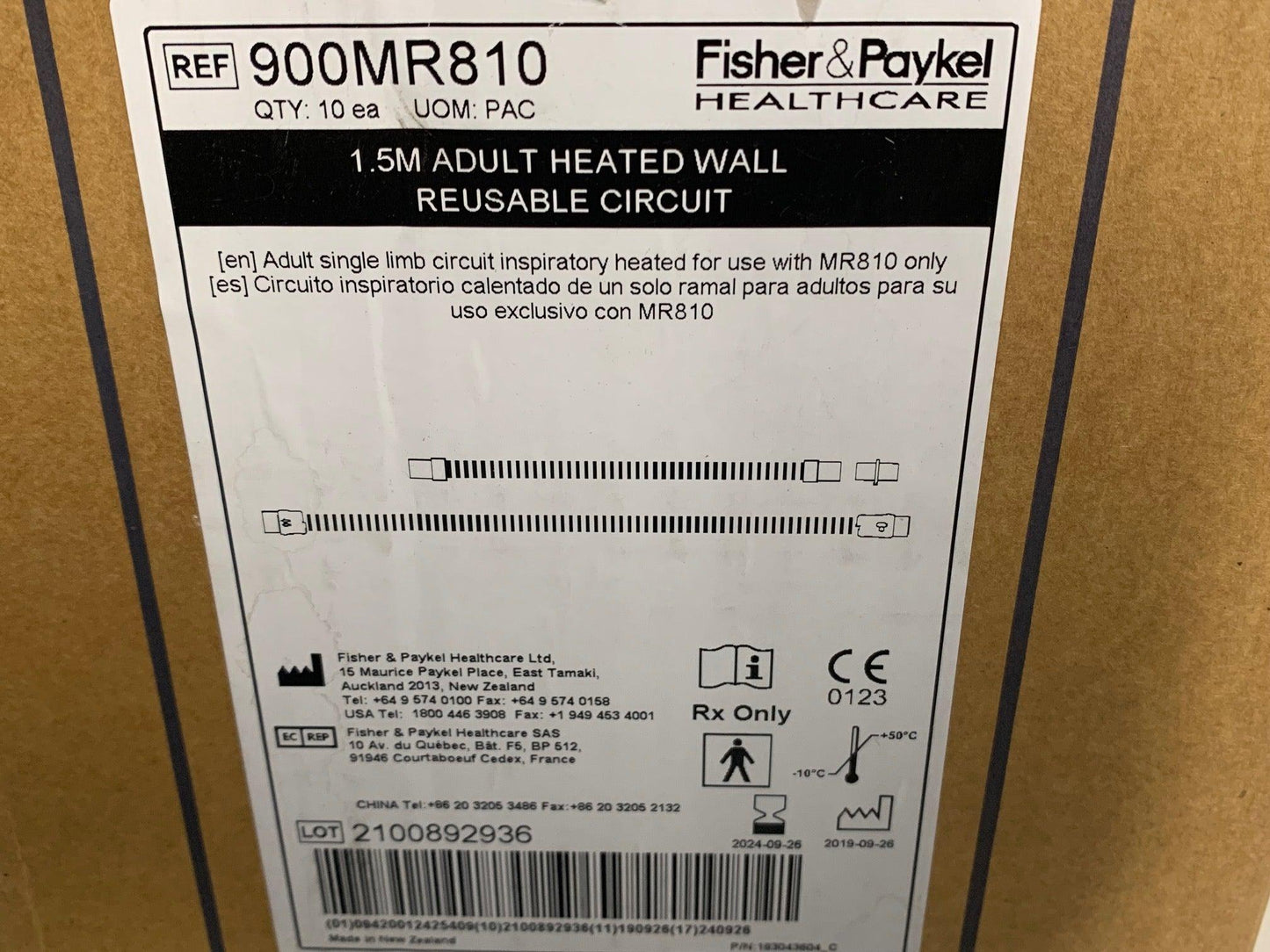 NEW 10PK Fisher & Paykel Evatherm 1.5M Single Limb Adult Heated Wall Reusable Patient Circuit 900MR810