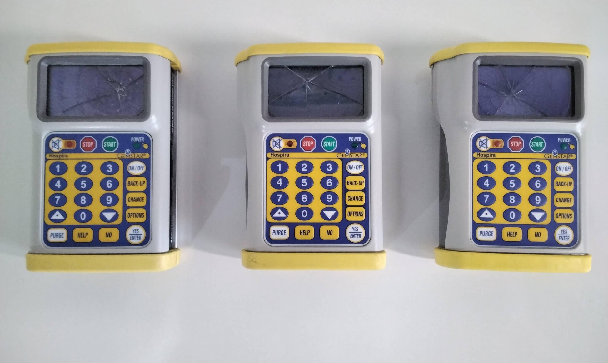 Damaged Lot of 3 Hospira Gemstar Yellow Pain Management Infusion Pump 13088 with Free Shipping - MBR Medicals
