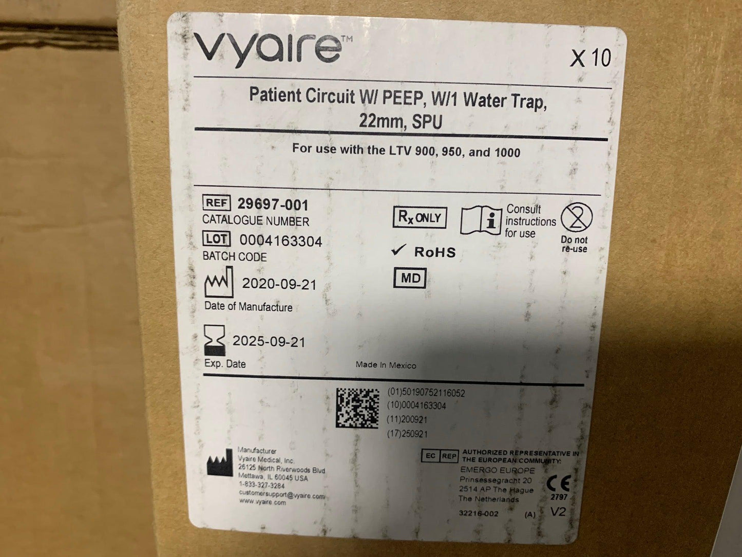 NEW 10PK CareFusion Vyaire Patient Circuit W/PEEP, W/1 Water Trap SPU 22mm 29697-001
