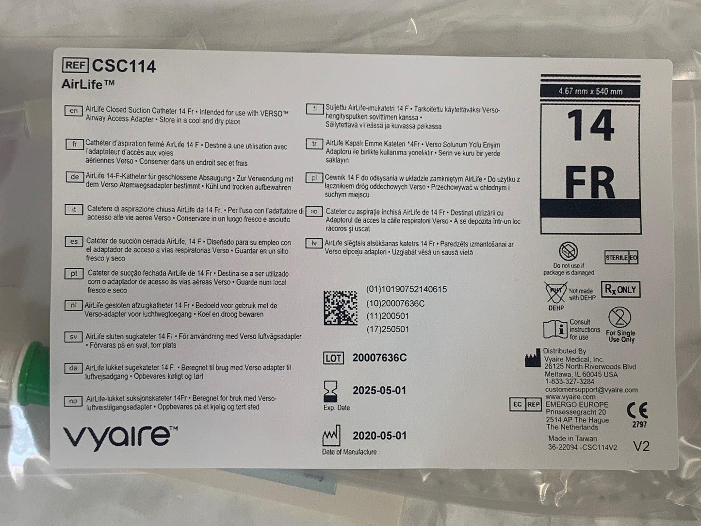 NEW Lot of 10 Vyaire Airlife Verso 14 FR Closed Suction Catheter CSC114