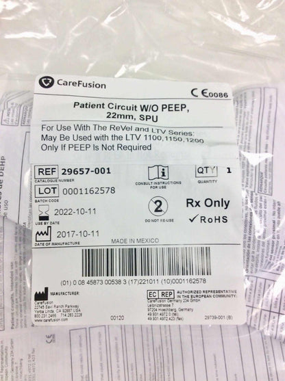 10PK NEW CareFusion Patient Circuits without PEEP 22 mm, SPU 29657-001 1162578 10822 - MBR Medicals