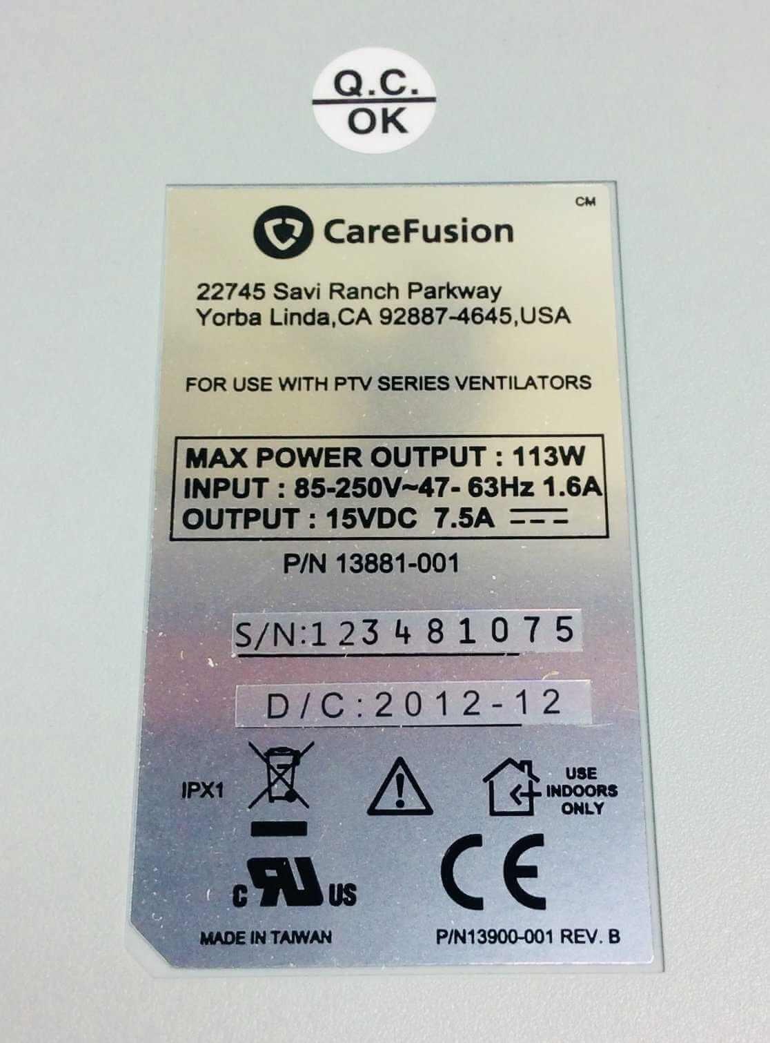 NEW CareFusion PTV EnVe ReVel Ventilator AC Power Adapter with Power Cord 12103-001 Warranty FREE Shipping - MBR Medicals