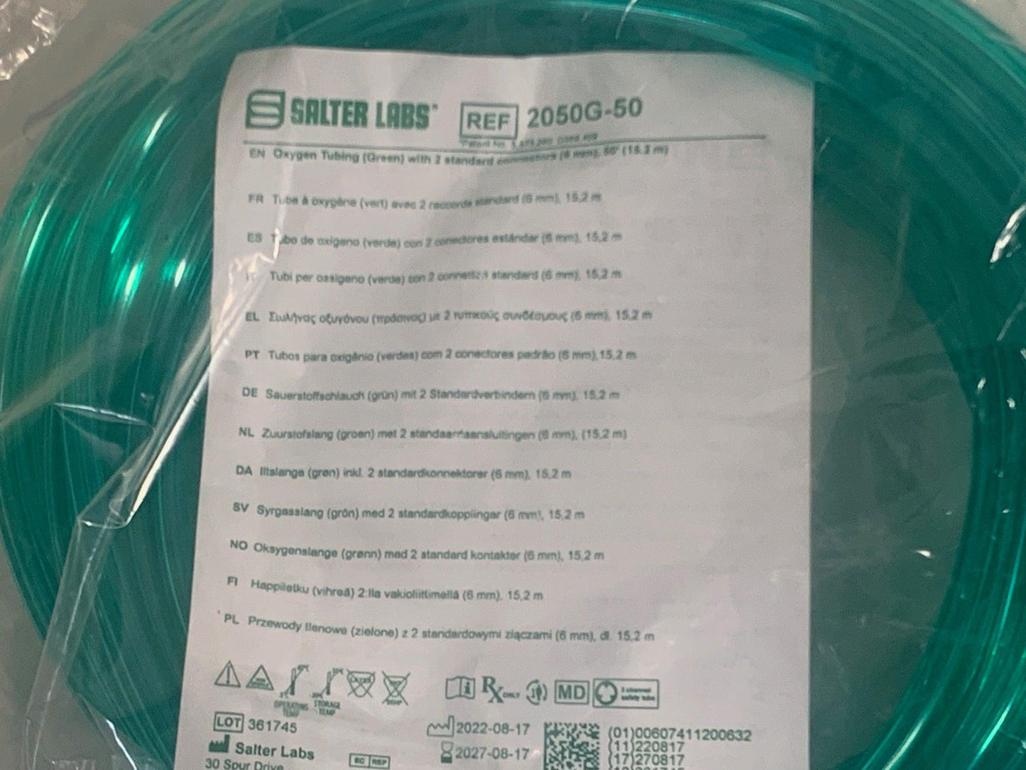 NEW Salter Labs 50' Green Oxygen Tubing 2050G-50 with Adult Soft Oxygen Nasal Cannula with Barbed Connector 16SOFT-B-0 - MBR Medicals